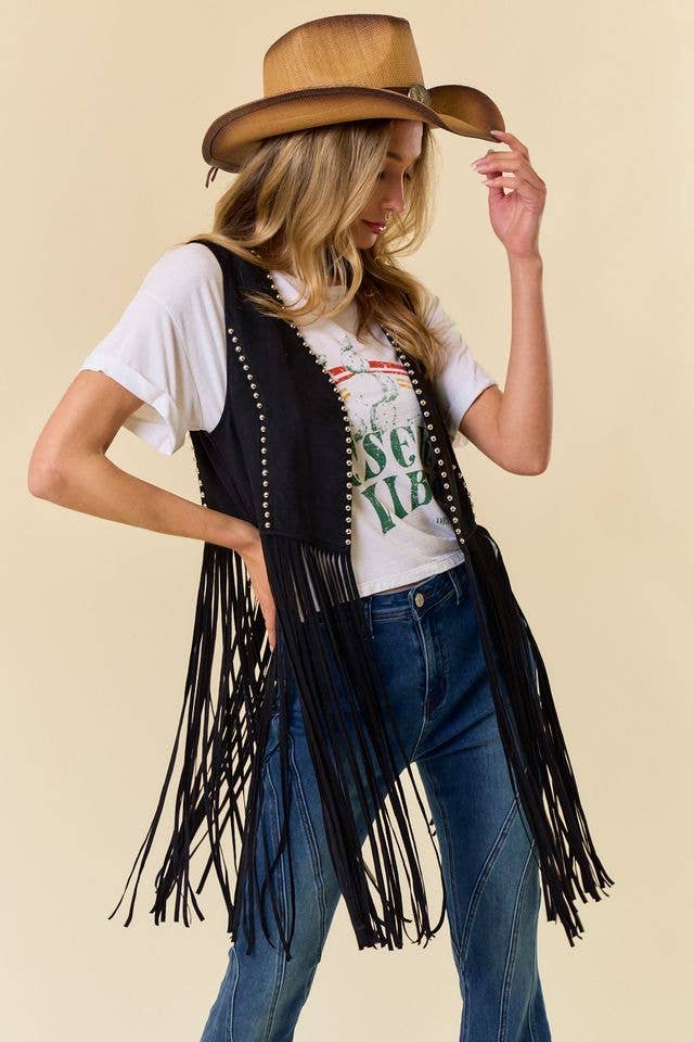 BLACK STUDDED LONG FRINGE FAUX SUEDE VEST - UnLaced Boutique