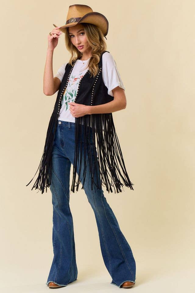 BLACK STUDDED LONG FRINGE FAUX SUEDE VEST - UnLaced Boutique
