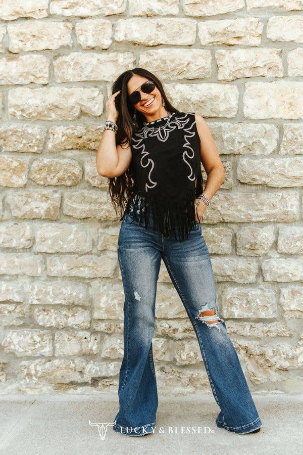Black Suede Boot-stitch Embroidered Tank W Fringe Hem - UnLaced Boutique