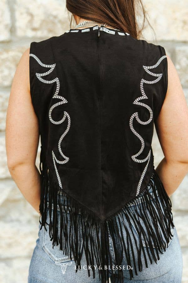 Black Suede Boot-stitch Embroidered Tank W Fringe Hem - UnLaced Boutique