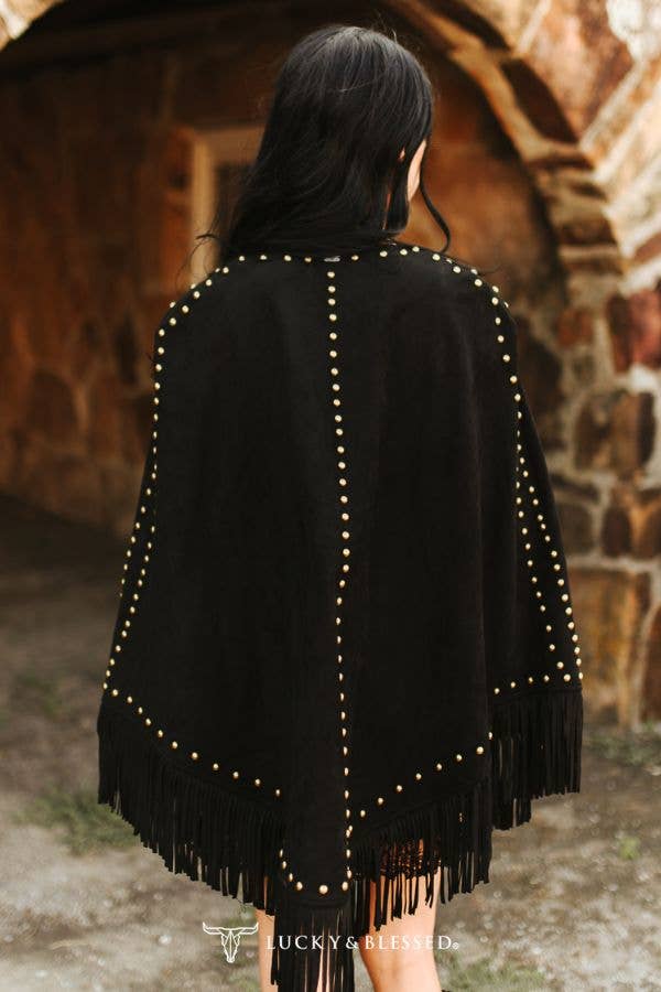 Black Suede Vintage Studded Western Fringe Cape - UnLaced Boutique