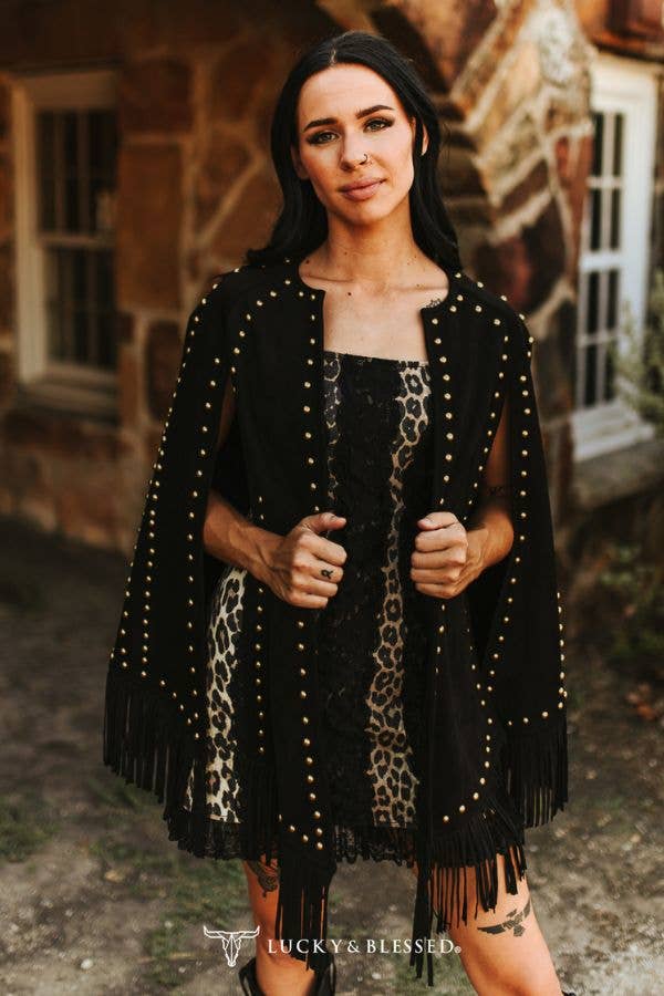 Black Suede Vintage Studded Western Fringe Cape - UnLaced Boutique