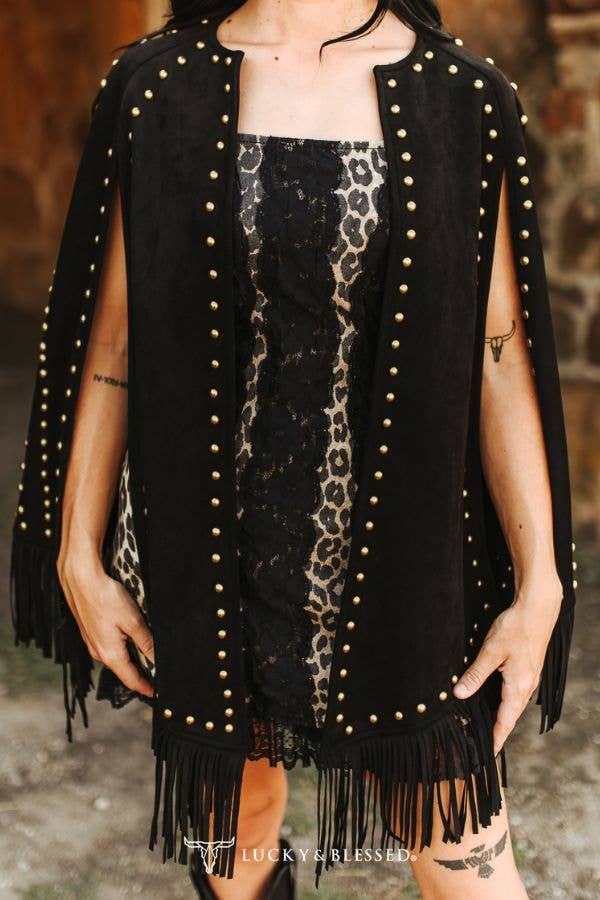 Black Suede Vintage Studded Western Fringe Cape - UnLaced Boutique