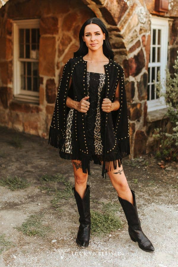 Black Suede Vintage Studded Western Fringe Cape - UnLaced Boutique