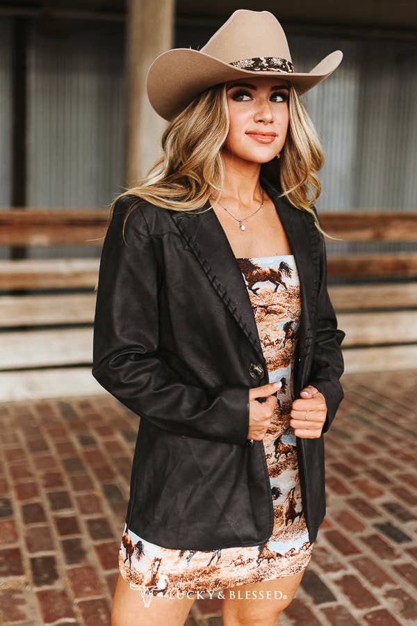 Black Textured Leather Hand-stitch Western Yoke Blazer - UnLaced Boutique