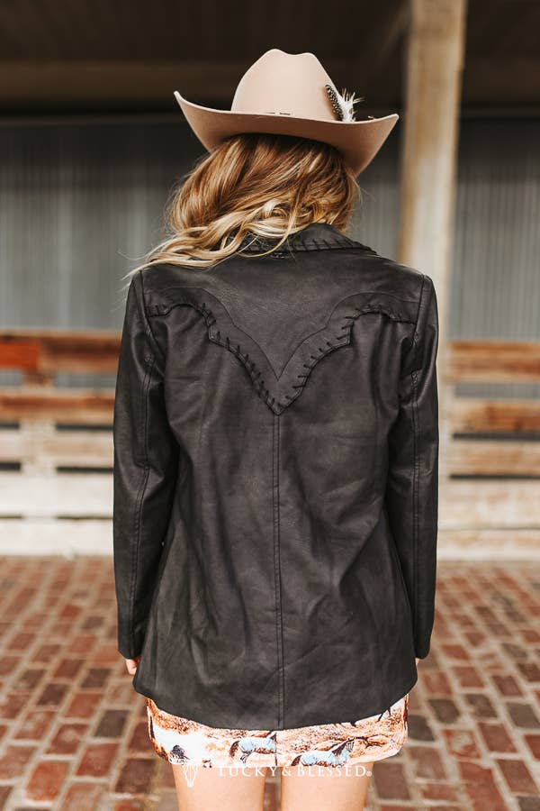 Black Textured Leather Hand-stitch Western Yoke Blazer - UnLaced Boutique