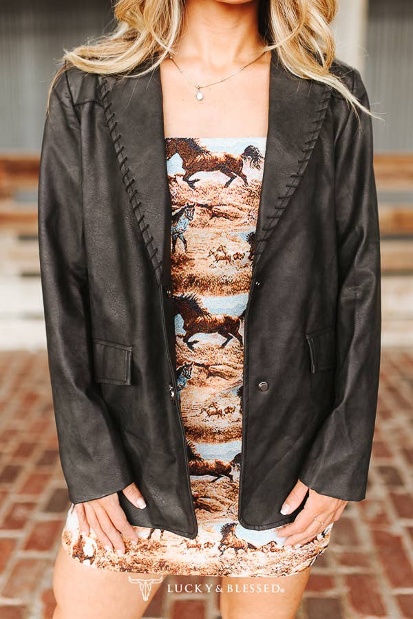 Black Textured Leather Hand-stitch Western Yoke Blazer - UnLaced Boutique