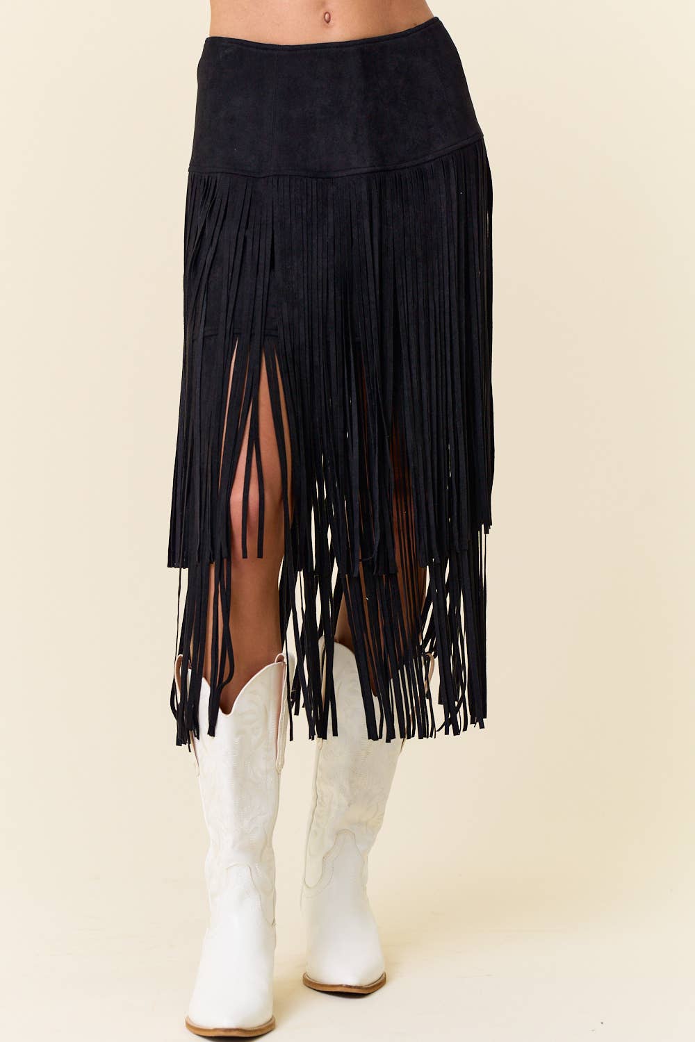 BLACK TIERED FAUX SUEDE FRINGE MIDI SKIRT - UnLaced Boutique