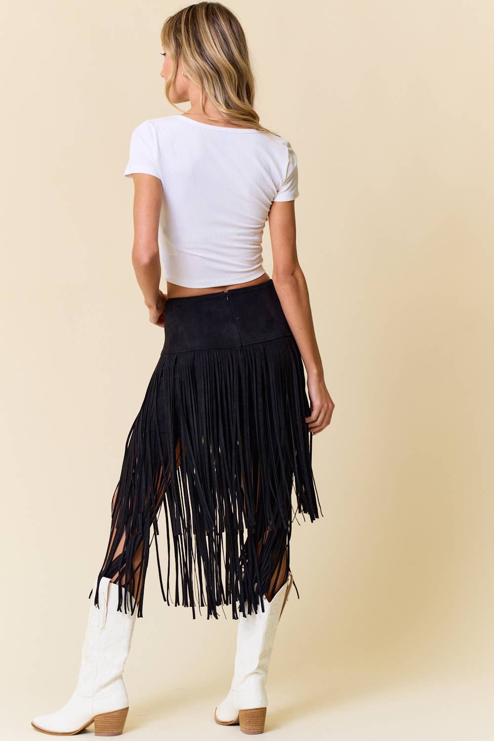 BLACK TIERED FAUX SUEDE FRINGE MIDI SKIRT - UnLaced Boutique