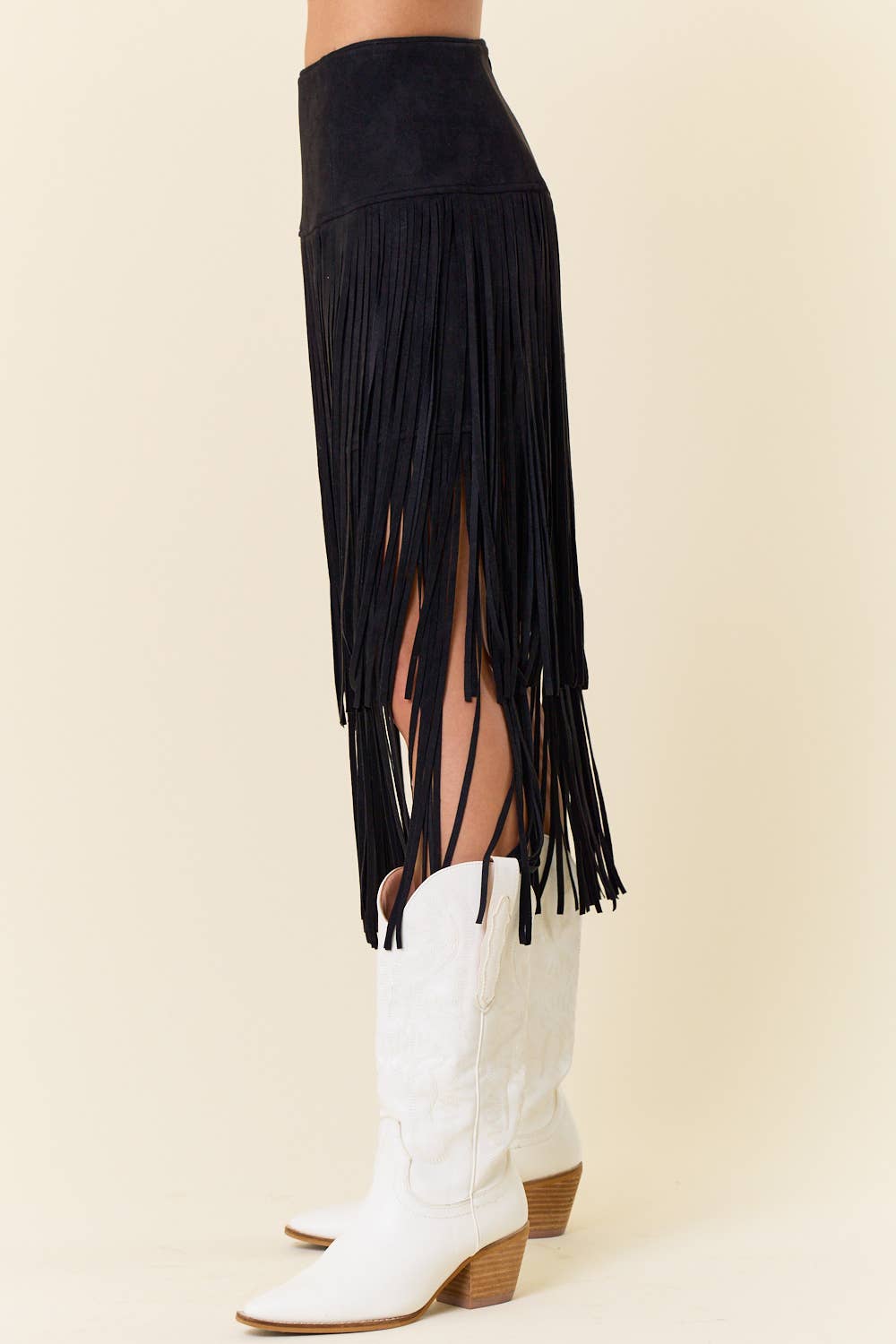 BLACK TIERED FAUX SUEDE FRINGE MIDI SKIRT - UnLaced Boutique