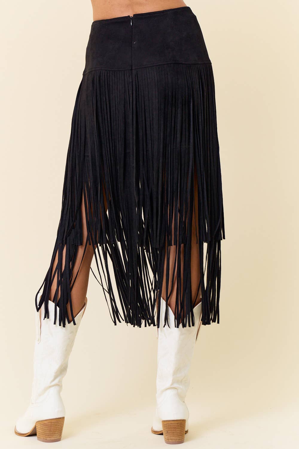 BLACK TIERED FAUX SUEDE FRINGE MIDI SKIRT - UnLaced Boutique