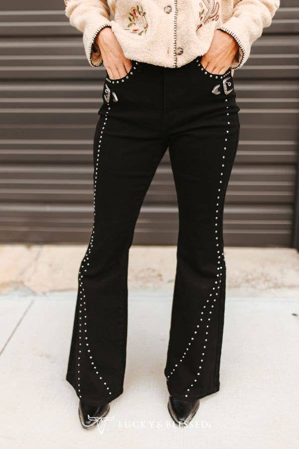 Black Vintage Studded Front Side Buckle Pants - UnLaced Boutique