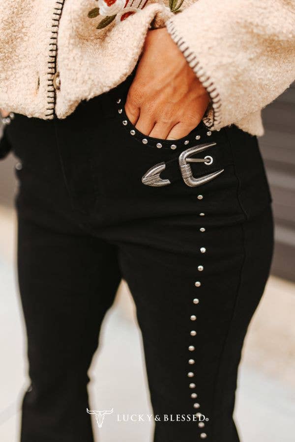 Black Vintage Studded Front Side Buckle Pants - UnLaced Boutique