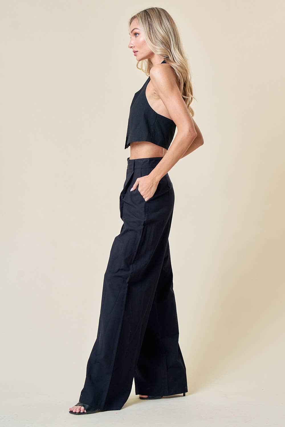 BLACK WIDE LEG LIGHT LINEN TROUSERS WITH POCKETS - UnLaced Boutique