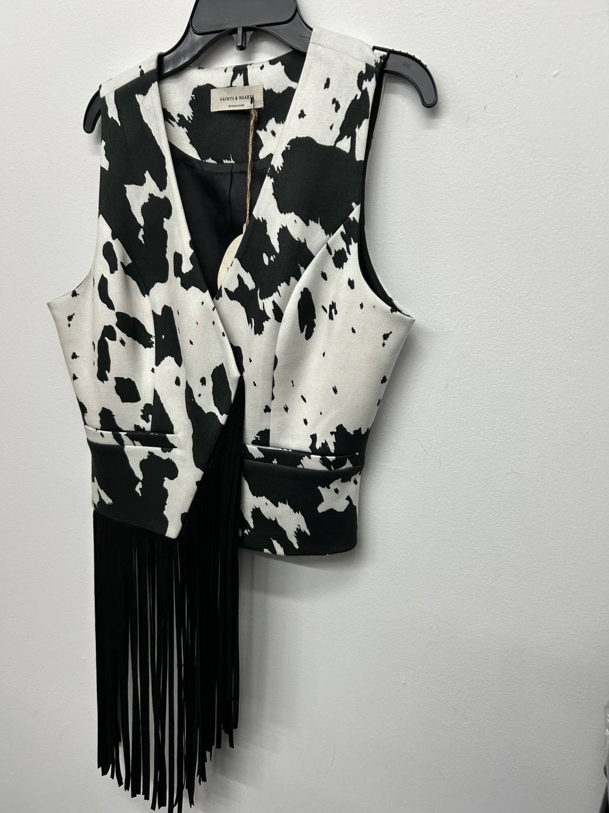 BLACK/WHT COW ASYMMETRICAL FRINGE COW PRINT VEST - UnLaced Boutique