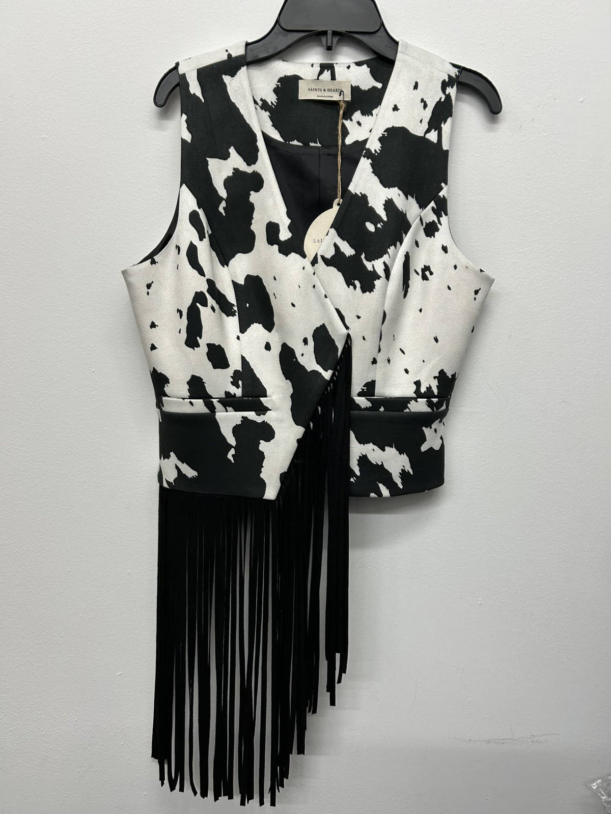 BLACK/WHT COW ASYMMETRICAL FRINGE COW PRINT VEST - UnLaced Boutique