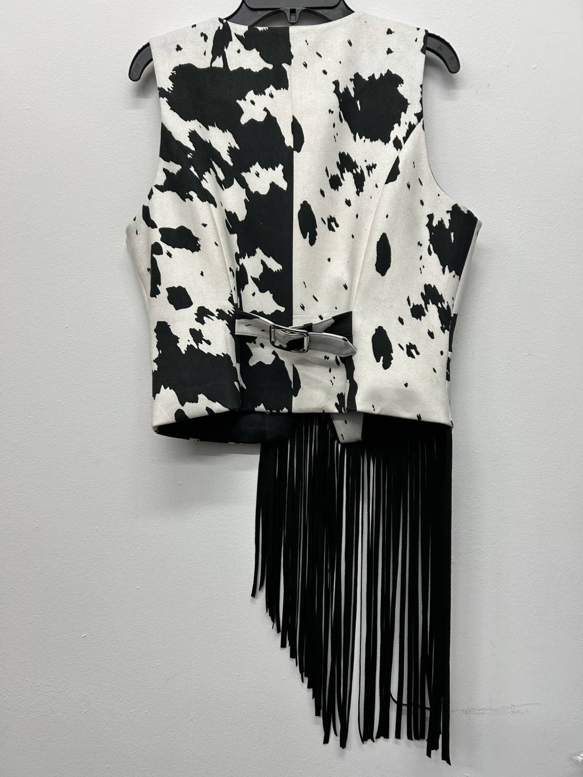 BLACK/WHT COW ASYMMETRICAL FRINGE COW PRINT VEST - UnLaced Boutique
