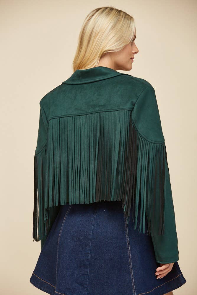 BOHO FRINGED FAUX SUEDE JACKET - HUNTER GREEN - UnLaced Boutique