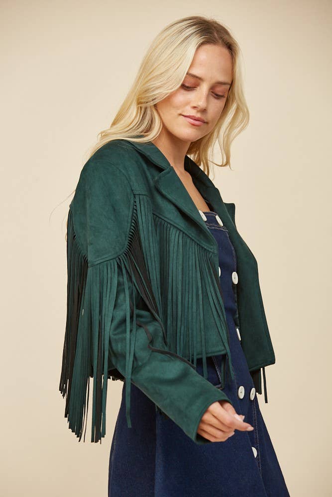 BOHO FRINGED FAUX SUEDE JACKET - HUNTER GREEN - UnLaced Boutique