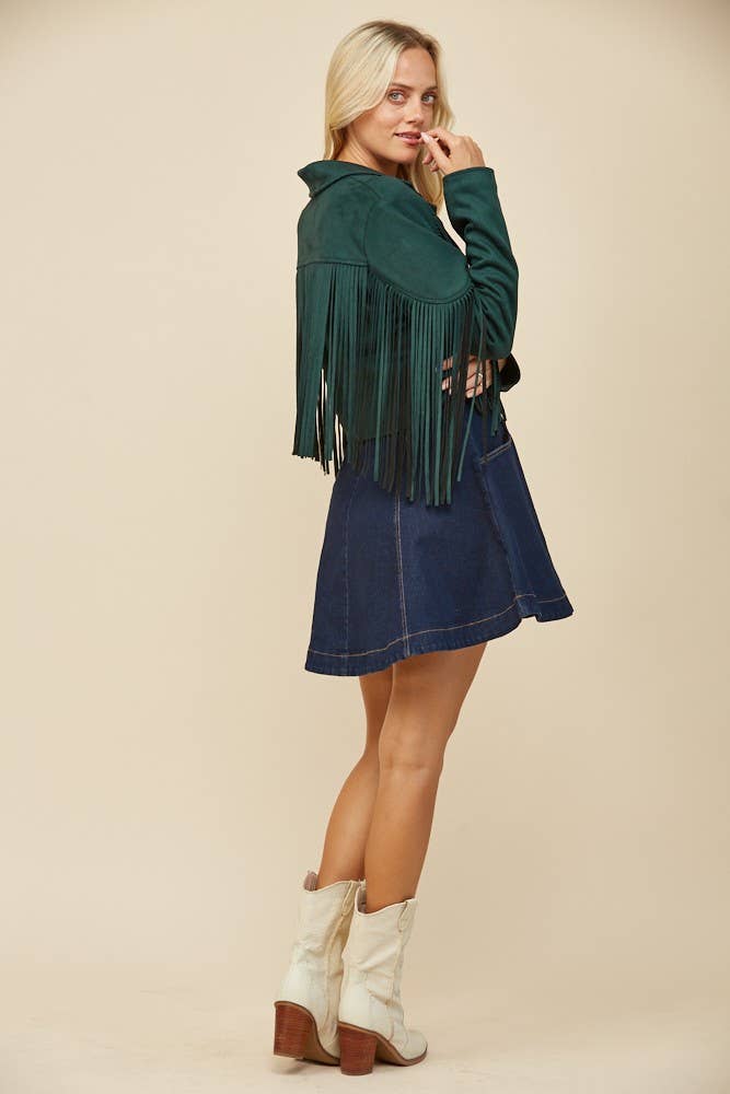 BOHO FRINGED FAUX SUEDE JACKET - HUNTER GREEN - UnLaced Boutique