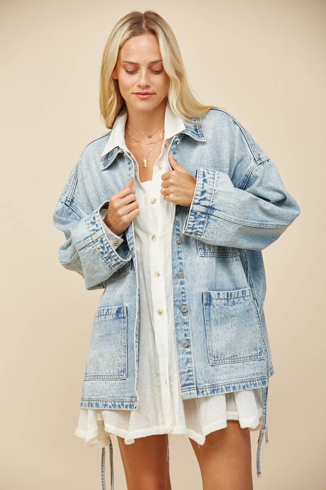 BOHO SIDE TIE DETAIL OVERSIZED DENIM JACKET - UnLaced Boutique