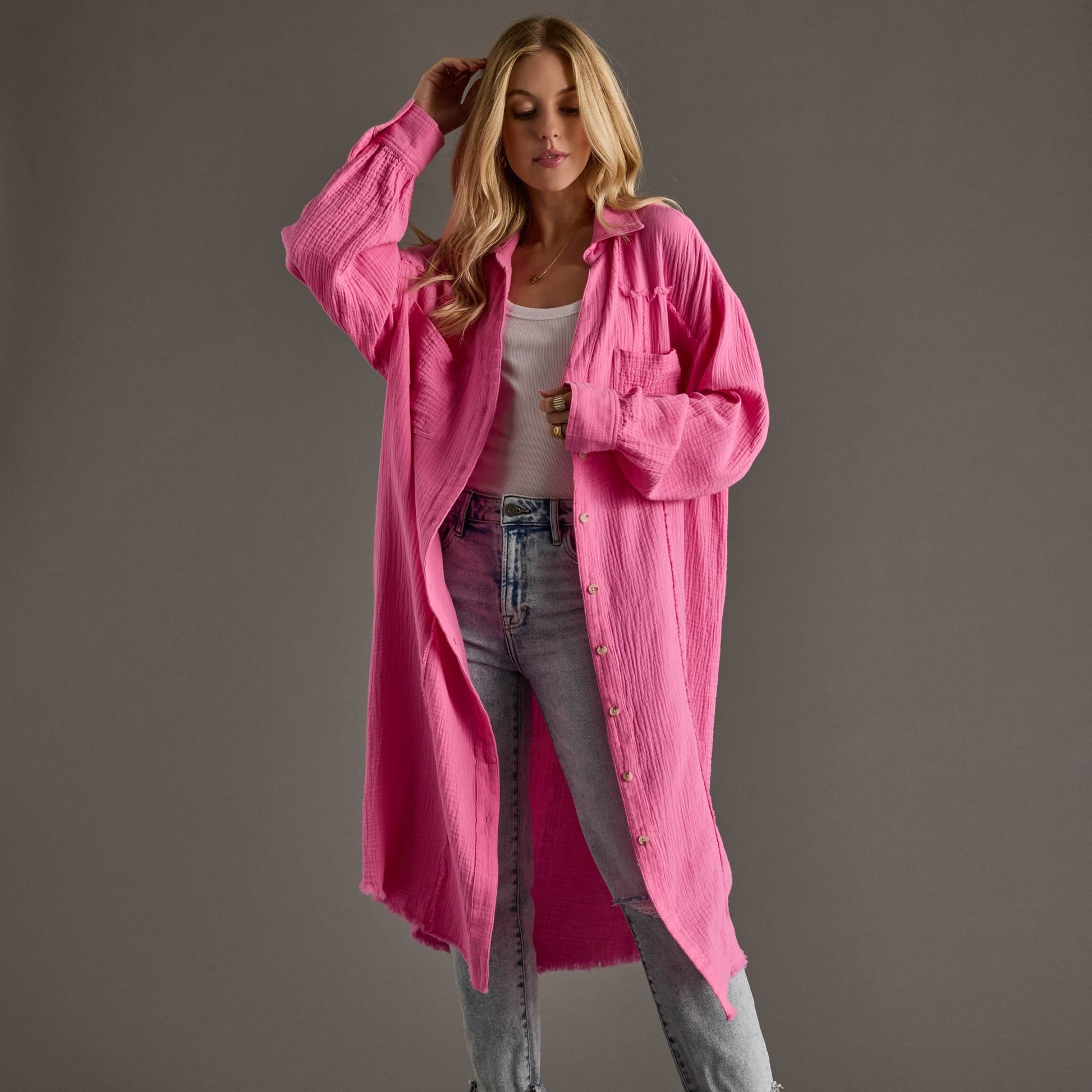 Bright Pink Gauze Long Button Up - UnLaced Boutique