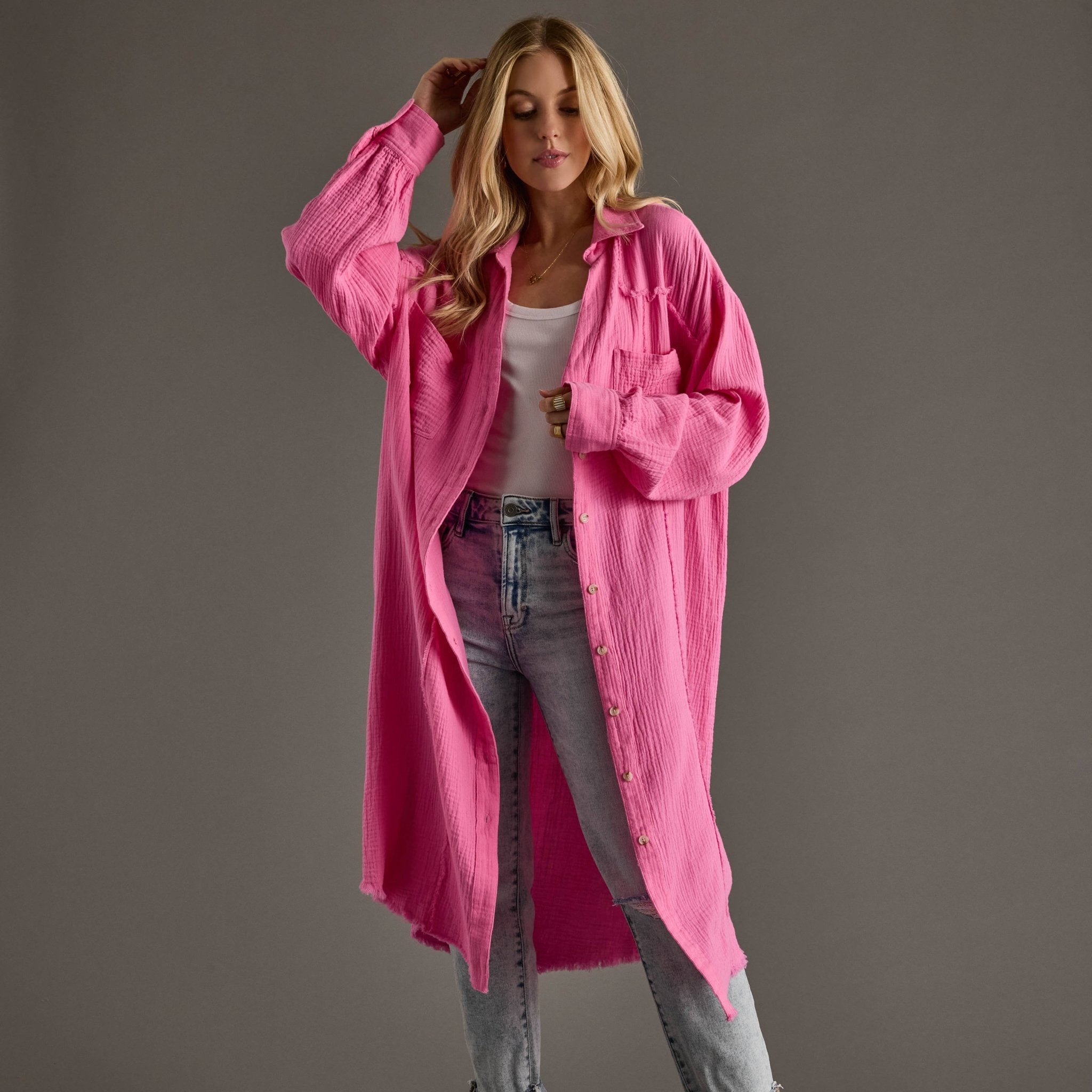 Bright Pink Gauze Long Button Up - UnLaced Boutique