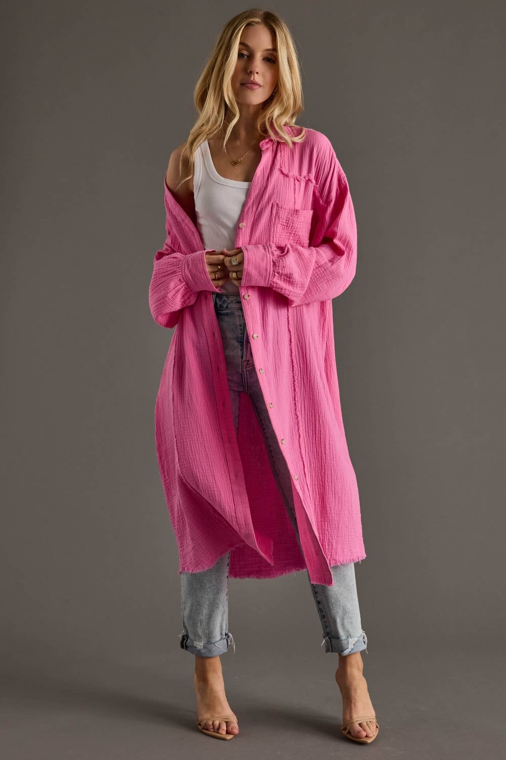 Bright Pink Gauze Long Button Up - UnLaced Boutique