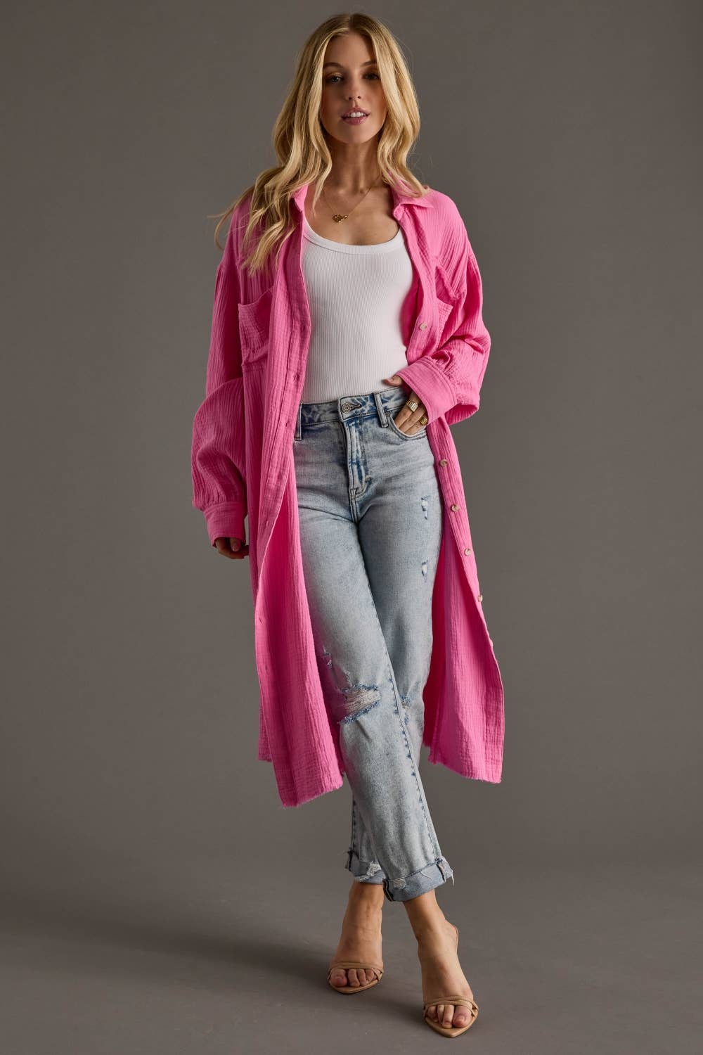 Bright Pink Gauze Long Button Up - UnLaced Boutique
