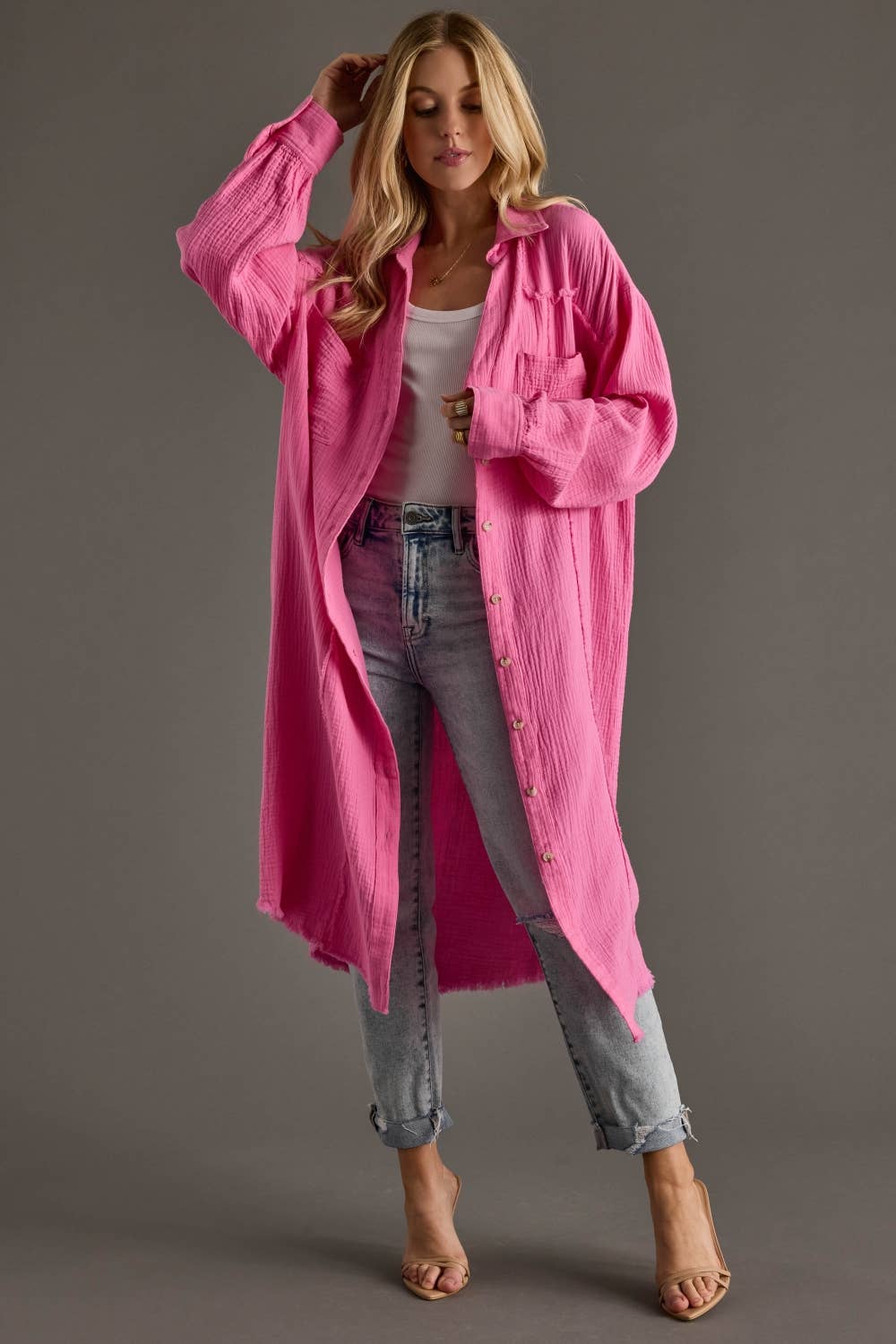 Bright Pink Gauze Long Button Up - UnLaced Boutique