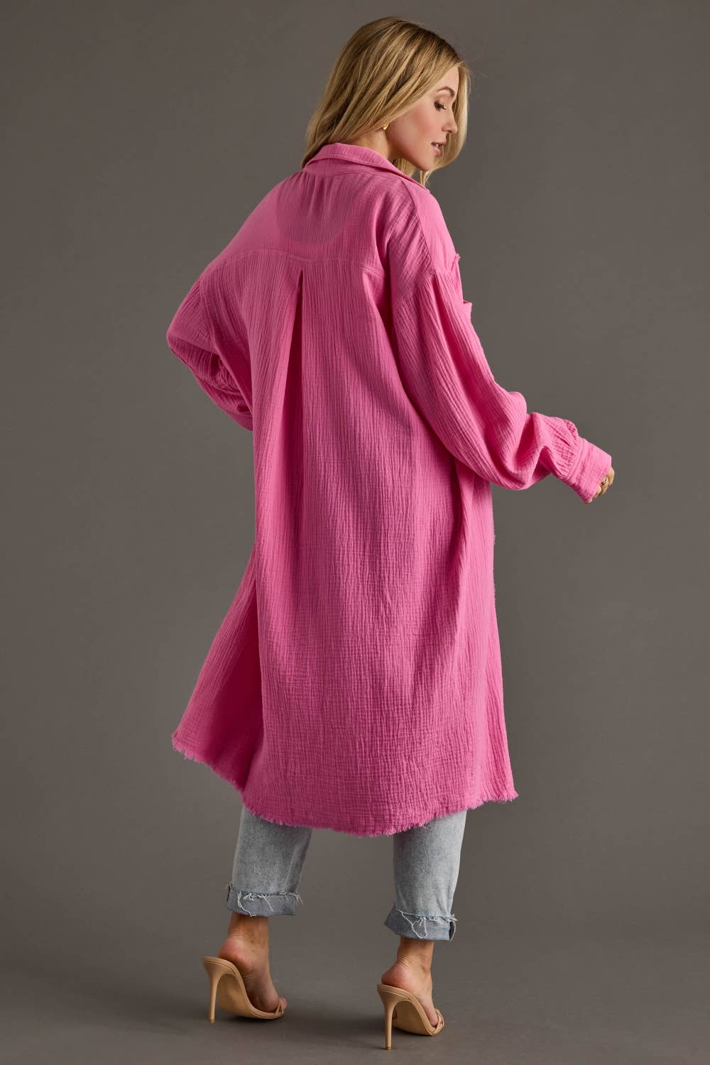 Bright Pink Gauze Long Button Up - UnLaced Boutique