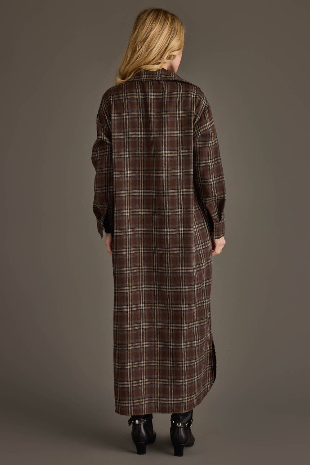 Brown, Cream & Blue Plaid Long Lightweight Jacket - UnLaced Boutique