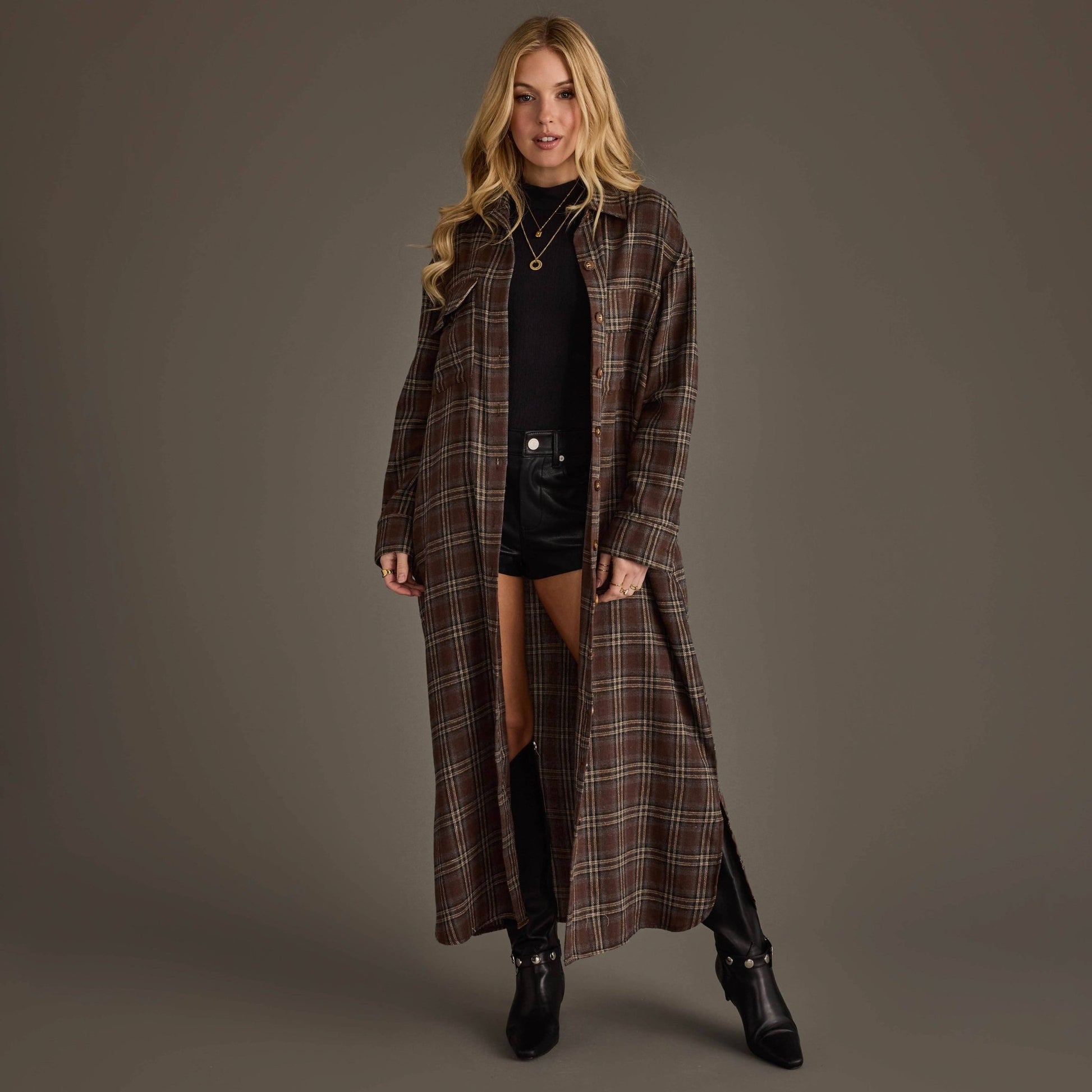 Brown, Cream & Blue Plaid Long Lightweight Jacket - UnLaced Boutique