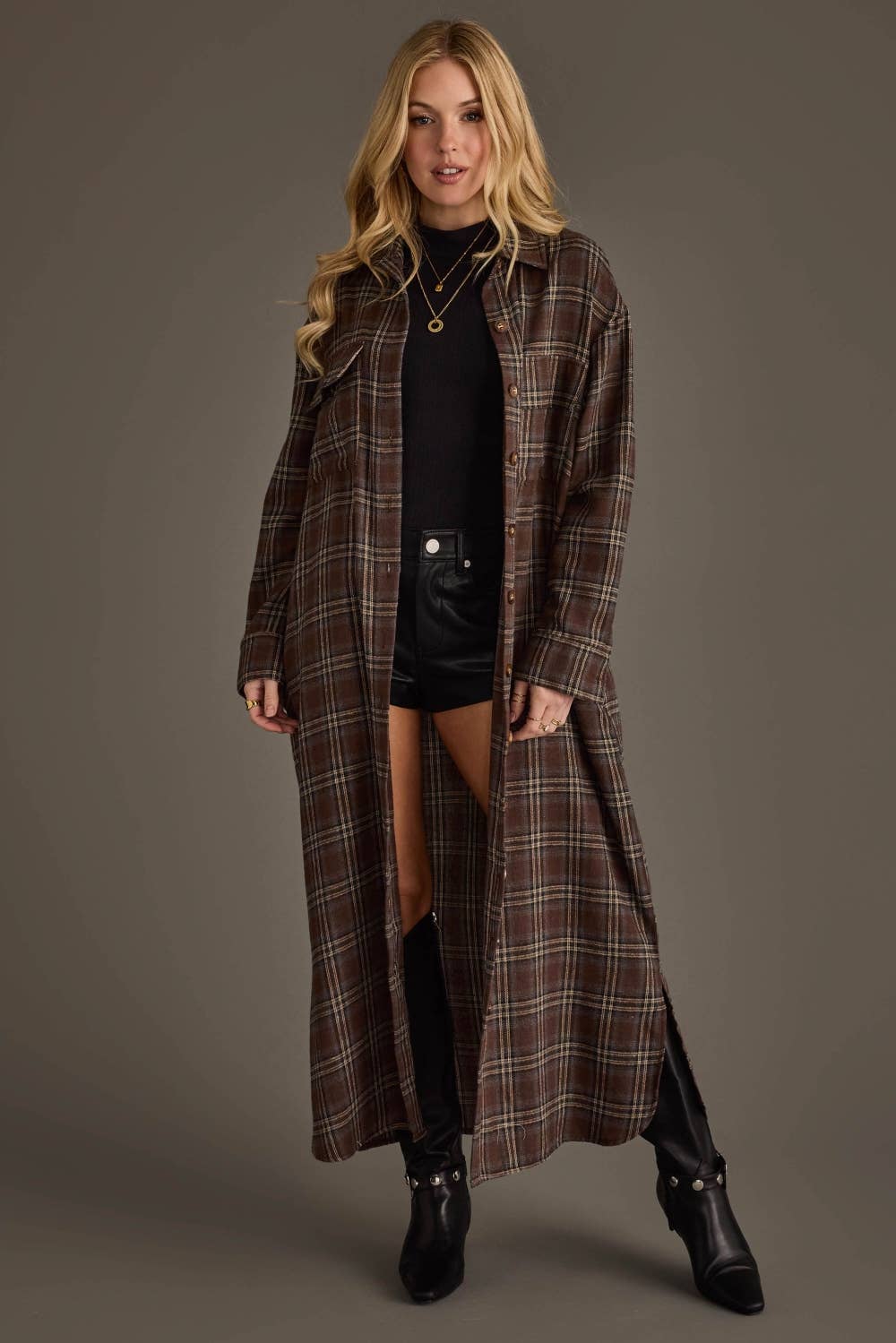 Brown, Cream & Blue Plaid Long Lightweight Jacket - UnLaced Boutique