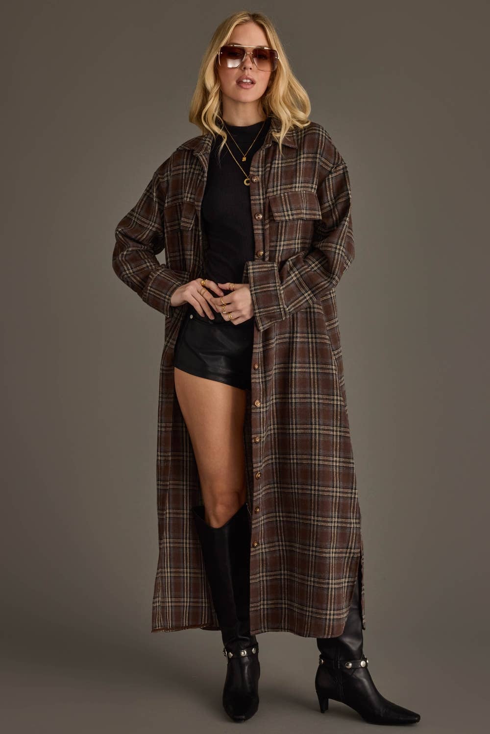 Brown, Cream & Blue Plaid Long Lightweight Jacket - UnLaced Boutique
