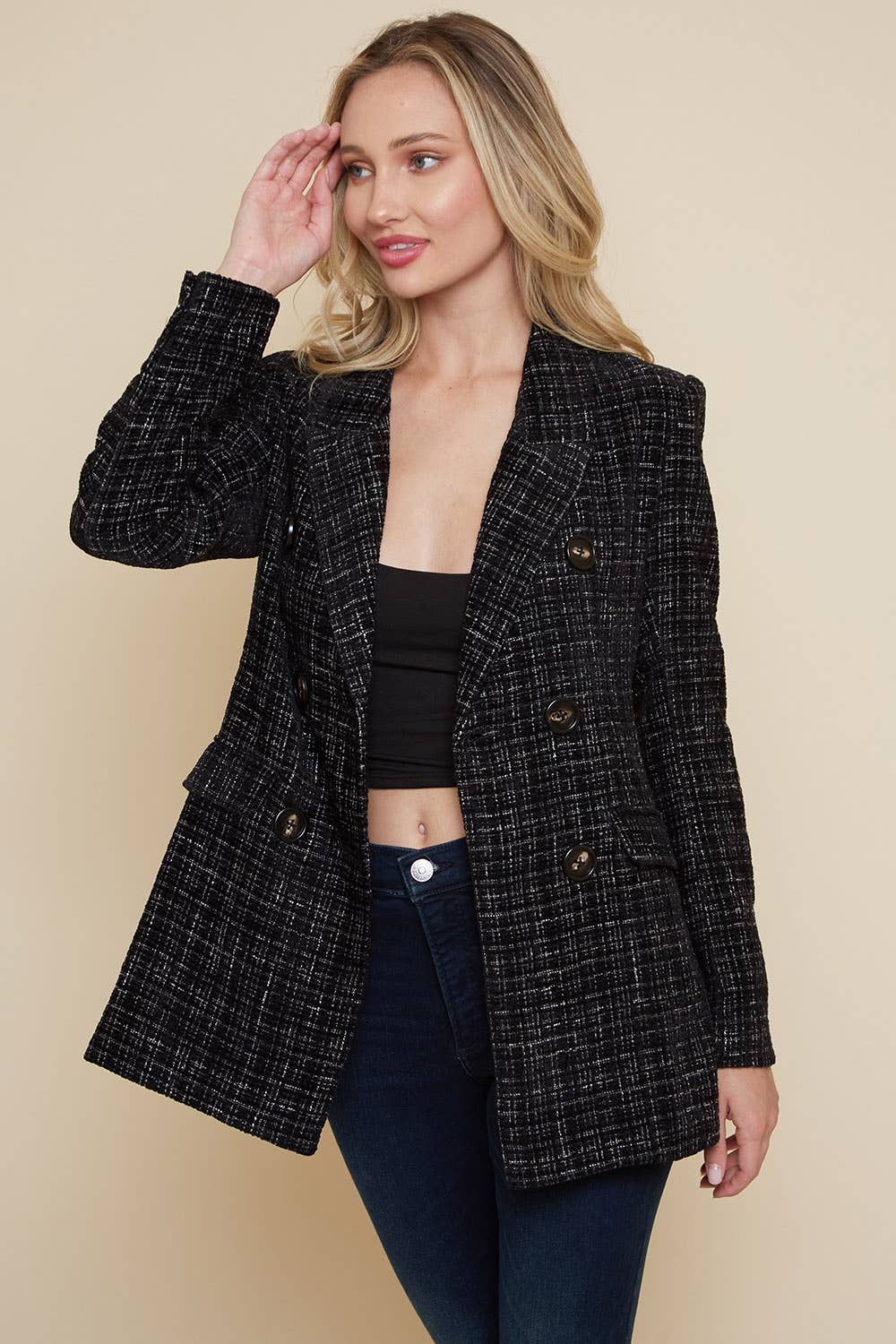 BUTTON DOWN TWEED DOUBLE BREASTED COLLARED JACKET - UnLaced Boutique