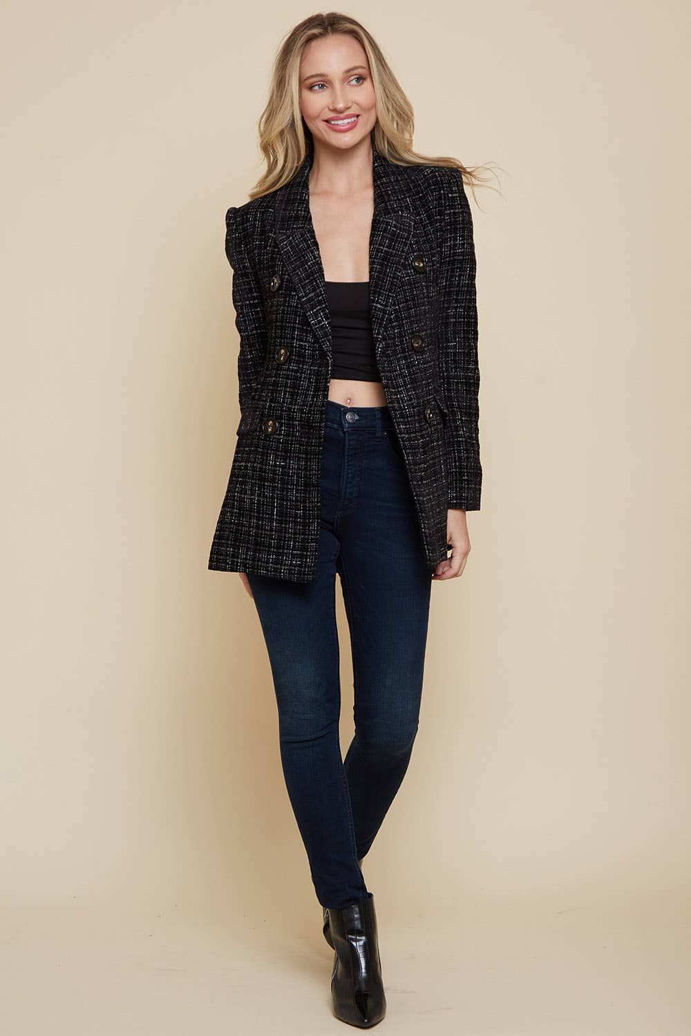 BUTTON DOWN TWEED DOUBLE BREASTED COLLARED JACKET - UnLaced Boutique