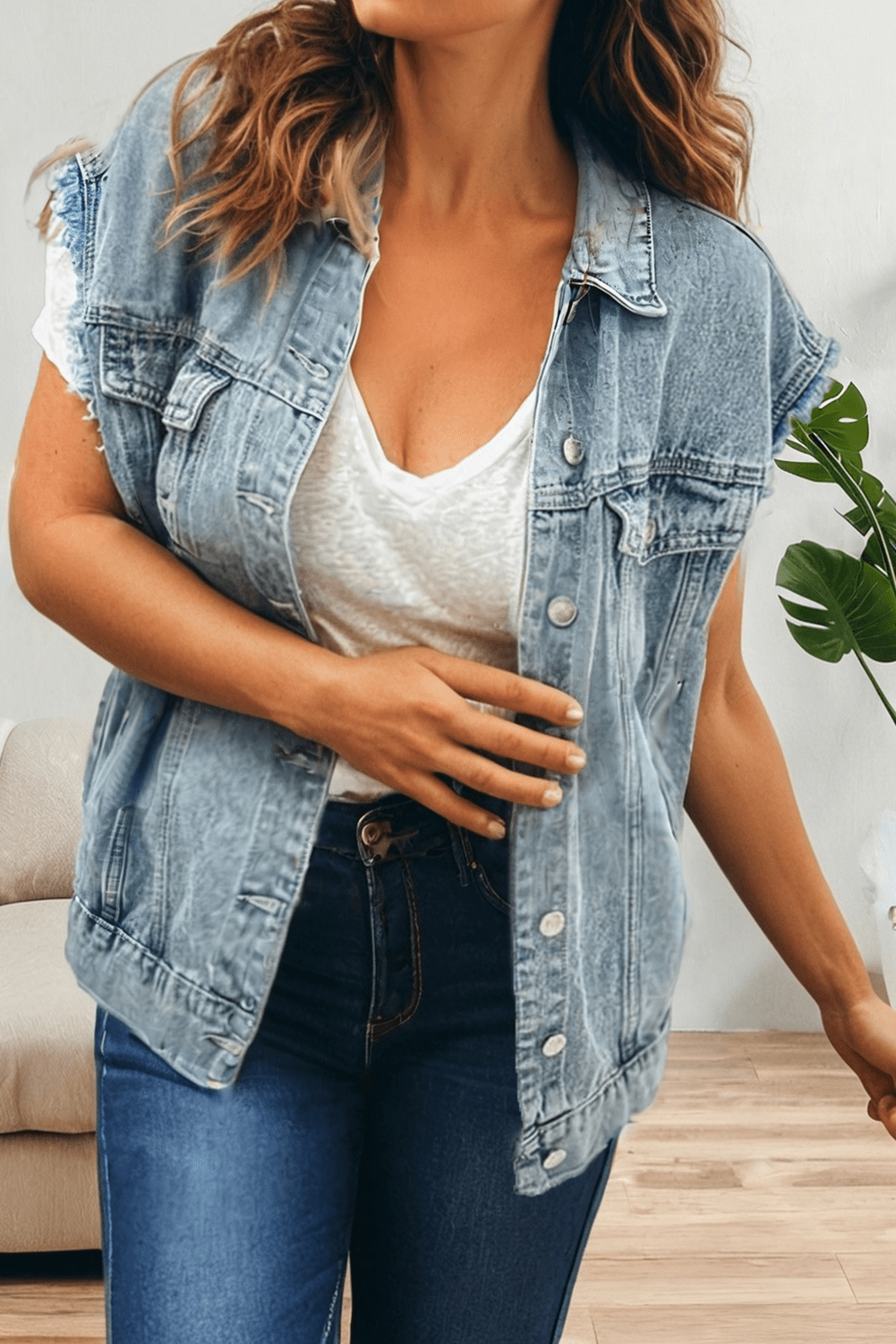 Button Flap Pocket Frayed Detail Denim Vest - UnLaced Boutique