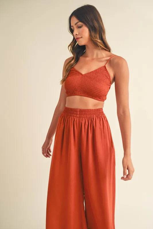 MABLE Smocked Bralette Crop Top and Wide Leg Pants Set - UnLaced Boutique