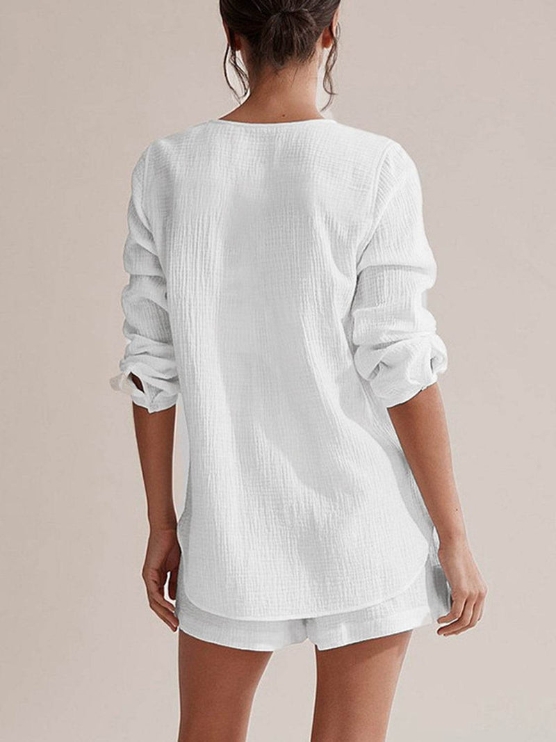 Notched Long Sleeve Top and Shorts Set - UnLaced Boutique