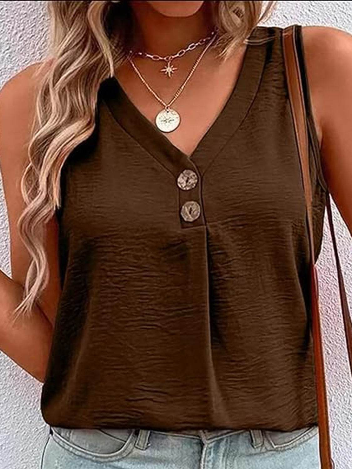 Full Size Decorative Button V-Neck Tank - UnLaced Boutique