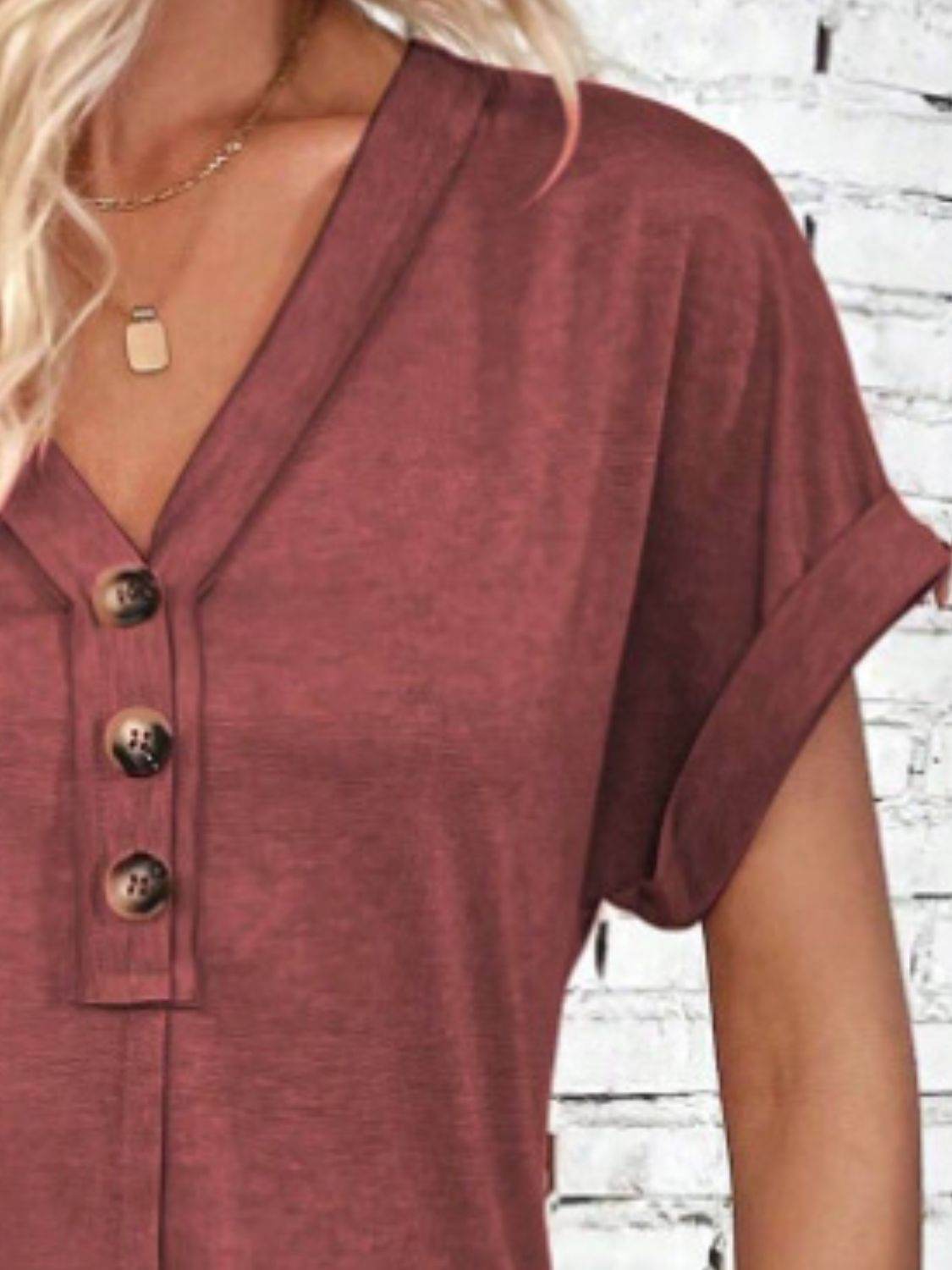 Quarter Button V-Neck Short Sleeve Dress - UnLaced Boutique