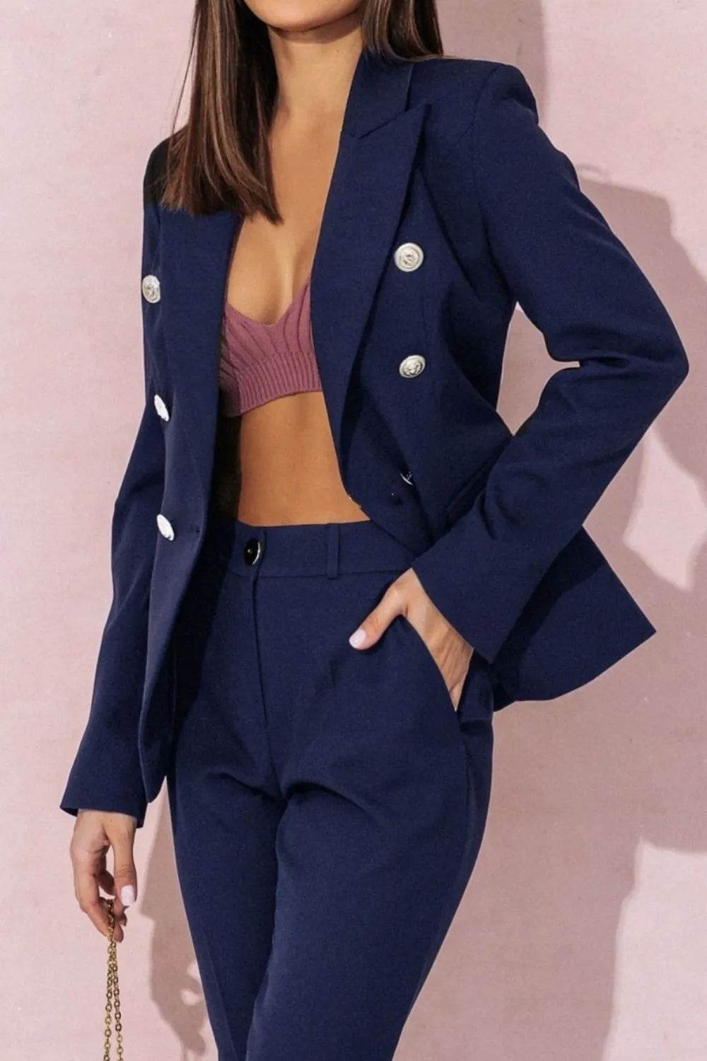 Full Size Lapel Collar Long Sleeve Blazer and Pants Set Plus Size - UnLaced Boutique