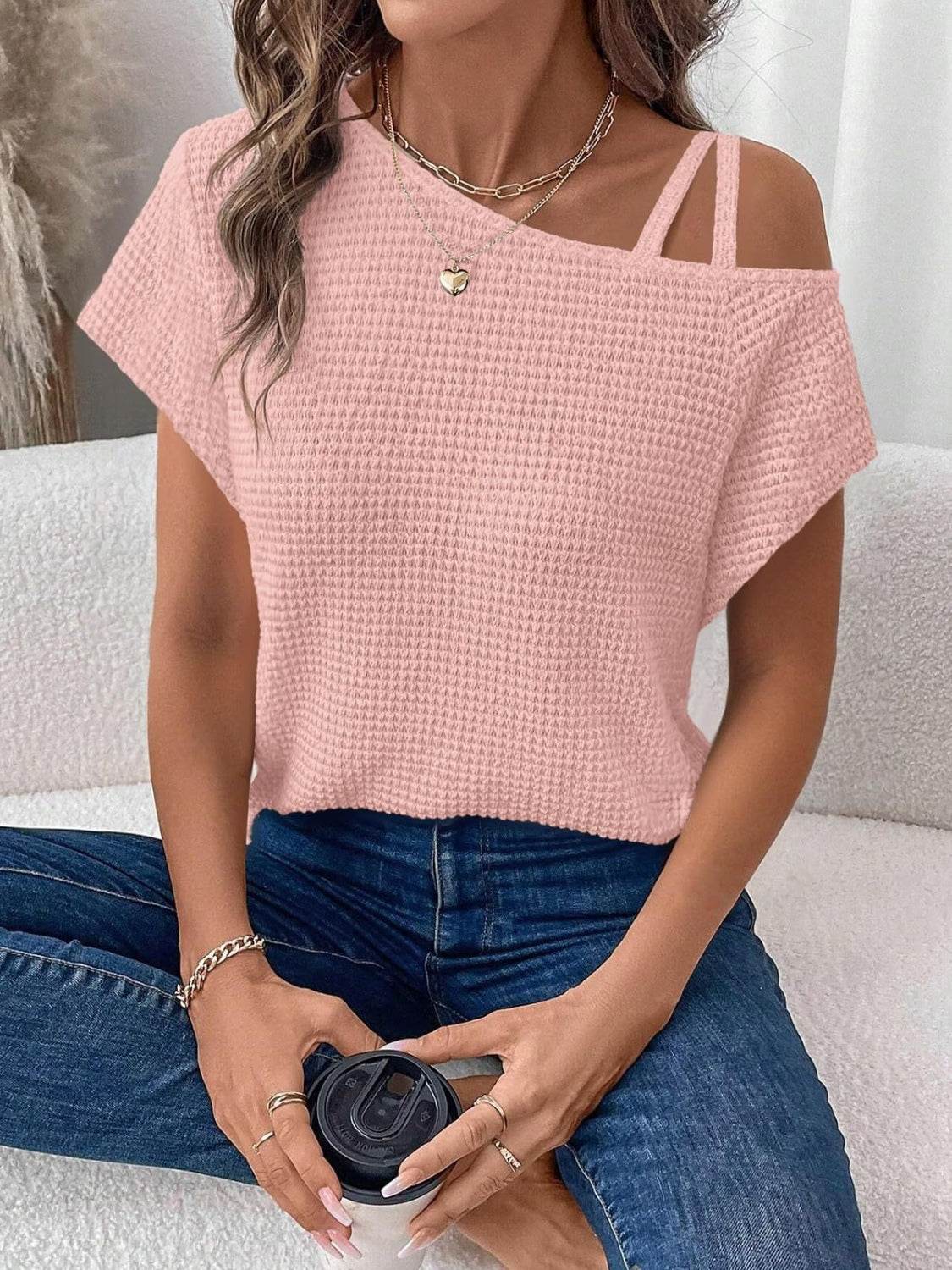 Asymmetrical Neck Short Sleeve T-Shirt - UnLaced Boutique