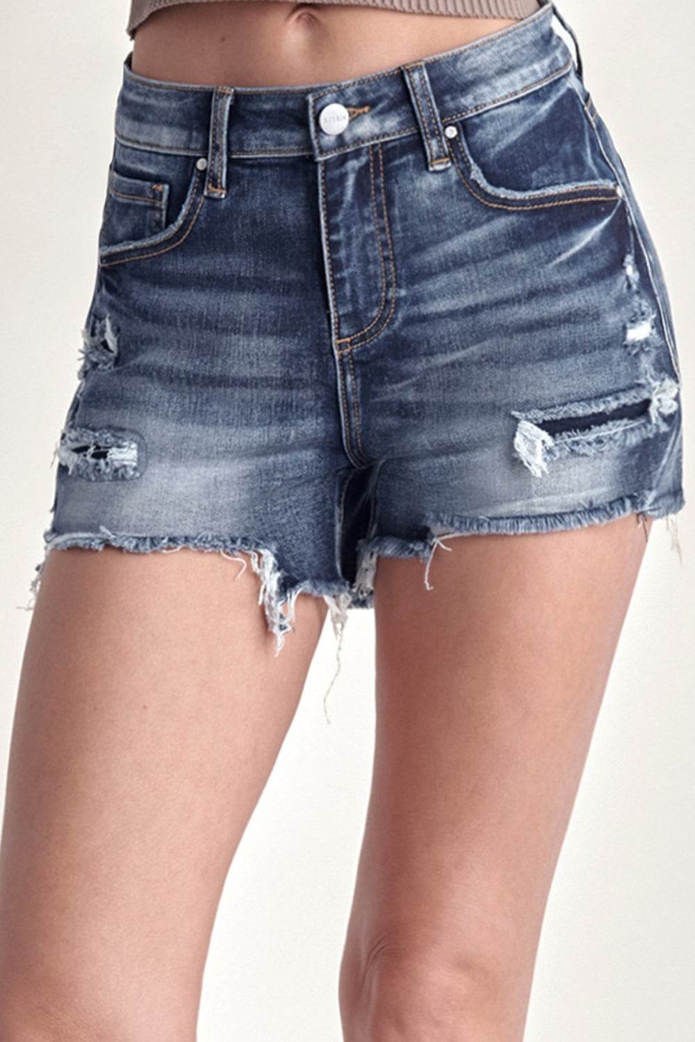 RISEN Mid Rise Raw Hem Denim Shorts - UnLaced Boutique