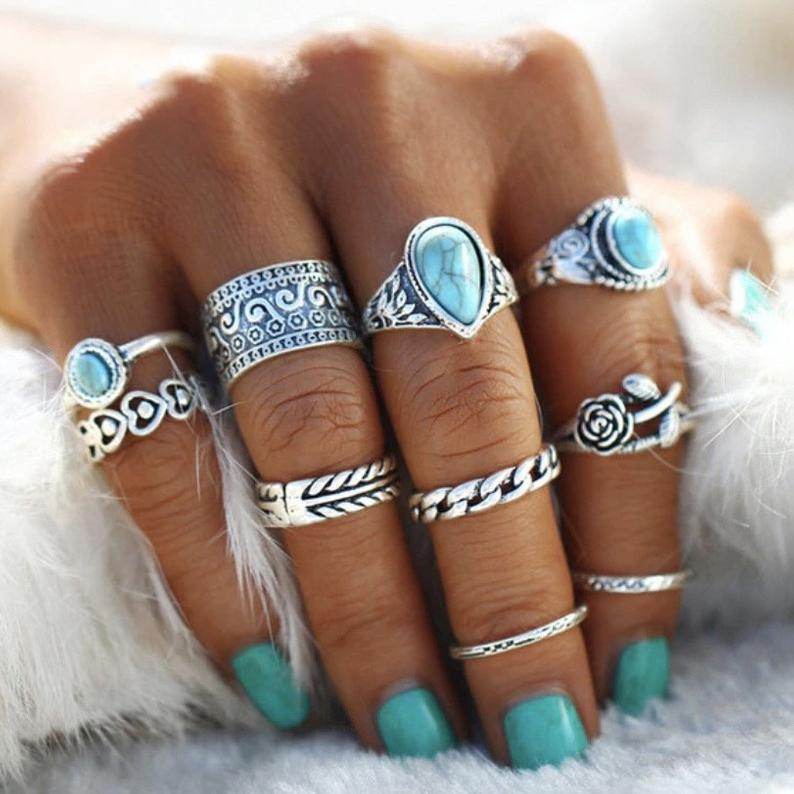 Artificial Turquoise Alloy Ring 10-Piece Set - UnLaced Boutique