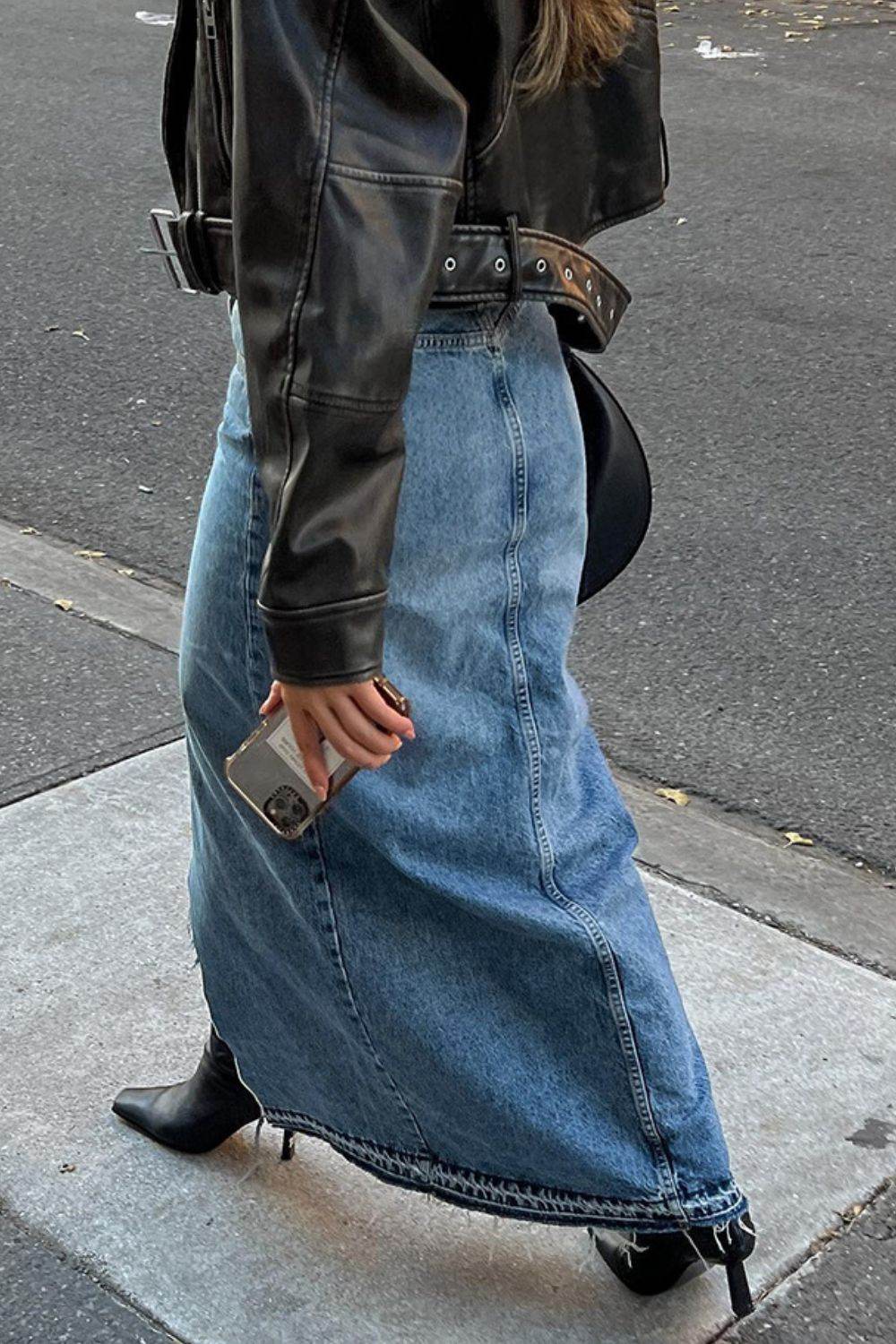 Slit Front Raw Hem Denim Maxi Skirt - UnLaced Boutique