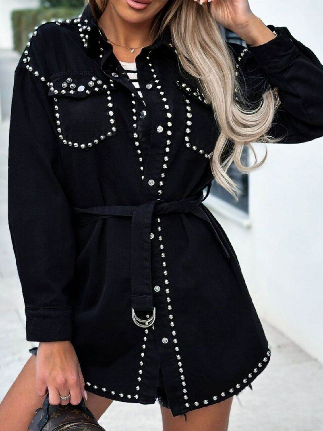 Studded Snap Down Long Sleeve Denim Shacket - UnLaced Boutique