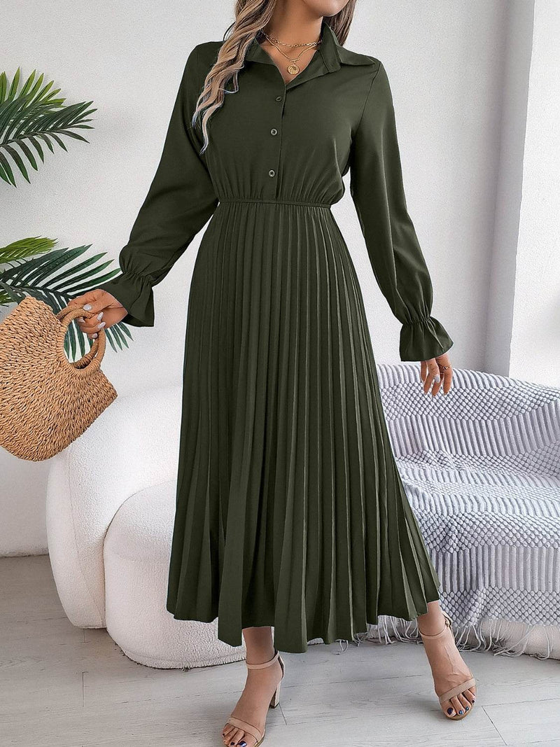 Pleated Half Button Long Sleeve Midi Dress - UnLaced Boutique