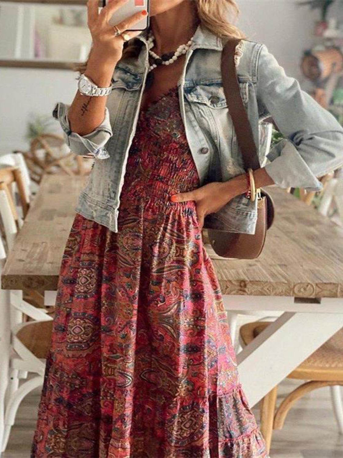 Full Size Smocked Printed V-Neck Short Sleeve Dress - UnLaced Boutique